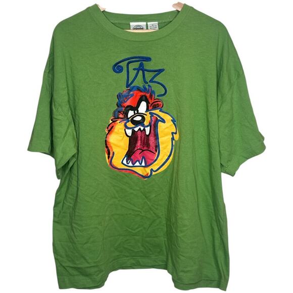 Vntg Looney Tunes Classic Green TAZ Embroidery Graphic 1-Stitch T-Shirt Men's XL - Picture 1 of 6